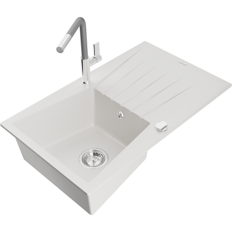 Mexen Cesar granite sink 1-bowl with drainer and Flora kitchen tap, white - 6514-20-670401-06