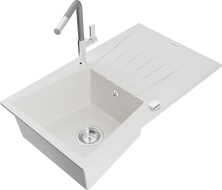 Mexen Cesar granite sink 1-bowl with drainer and Flora kitchen tap, white - 6514-20-670401-06