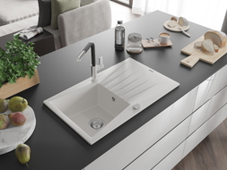 Mexen Cesar granite kitchen sink 1-bowl with drainer and Flora kitchen faucet, white - 6514-20-670401-07