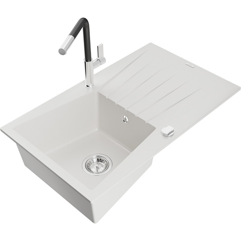 Mexen Cesar 1-bowl granite sink with drainer and Flora kitchen faucet, white - 6514-20-670401-07