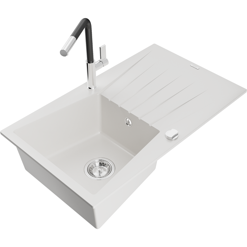 Mexen Cesar 1-compartment granite sink with a drip tray and kitchen mixer tap Flora, White - 6514-20-670401-07