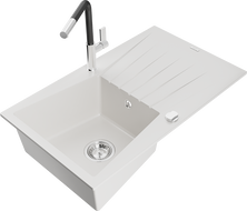 Mexen Cesar 1-bowl granite sink with drainer and Flora kitchen faucet, white - 6514-20-670401-07