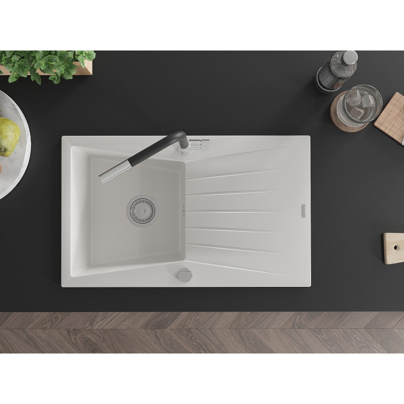 Mexen Cesar 1-bowl granite sink with drainer and Flora kitchen faucet, white - 6514-20-670401-07
