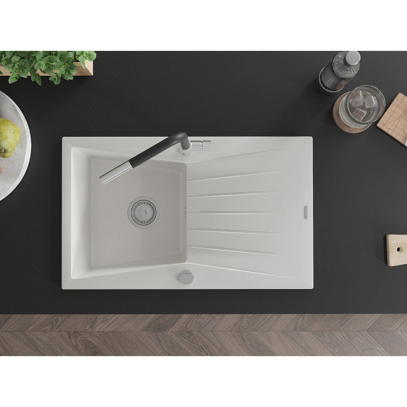 Mexen Cesar granite sink 1-bowl with drainer and Flora kitchen tap, white - 6514-20-670401-07