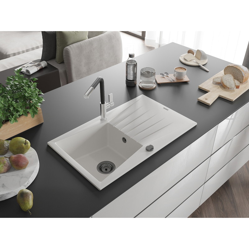 Mexen Cesar granite sink 1-bowl with drainer and Flora kitchen faucet, white - 6514-20-670401-07-B