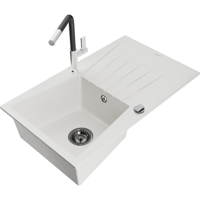 Mexen Cesar granite sink 1-bowl with drainer and Flora kitchen faucet, white - 6514-20-670401-07-B
