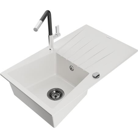 Mexen Cesar granite sink 1-bowl with drainer and Flora kitchen faucet, white - 6514-20-670401-07-B