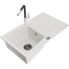 Mexen Cesar granite sink 1-bowl with drainer and Flora kitchen faucet, white - 6514-20-670401-07-B