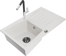 Mexen Cesar granite sink 1-bowl with drainer and Flora kitchen faucet, white - 6514-20-670401-07-B