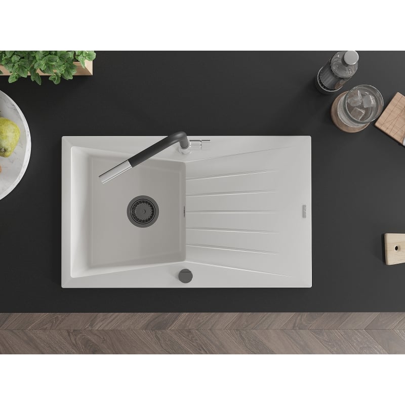 Mexen Cesar granite sink 1-bowl with drainer and Flora kitchen faucet, white - 6514-20-670401-07-B