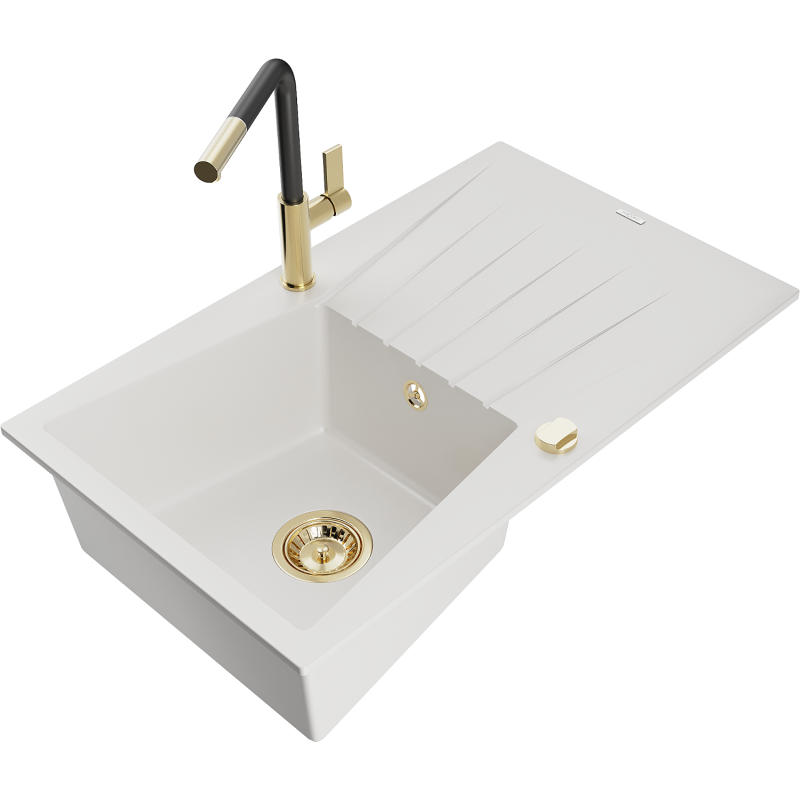 Mexen Cesar 1-compartment granite sink with a drip tray and kitchen mixer tap Flora, White - 6514-20-670401-57-G