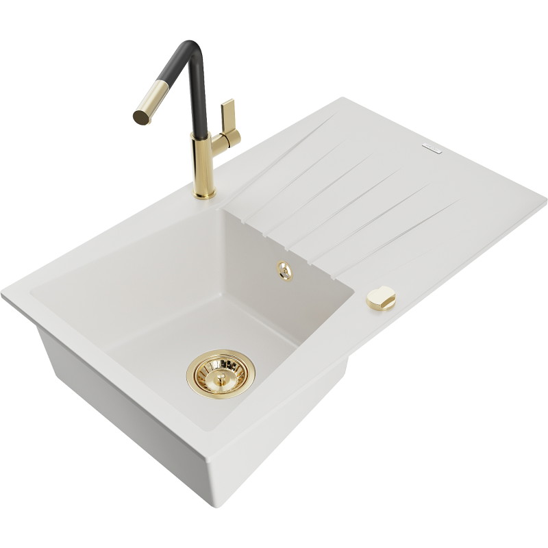 Mexen Cesar granite kitchen sink 1-bowl with drainer and Flora kitchen faucet, white - 6514-20-670401-57-G