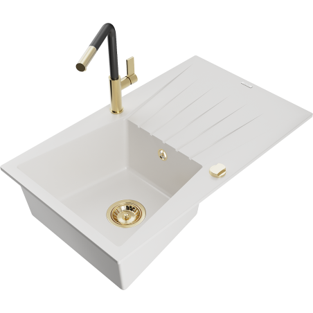 Mexen Cesar granite kitchen sink 1-bowl with drainer and Flora kitchen faucet, white - 6514-20-670401-57-G