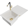 Mexen Cesar 1-compartment granite sink with a drip tray and kitchen mixer tap Flora, White - 6514-20-670401-57-G