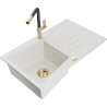 Mexen Cesar granite kitchen sink 1-bowl with drainer and Flora kitchen faucet, white - 6514-20-670401-57-G