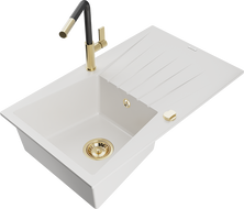 Mexen Cesar granite kitchen sink 1-bowl with drainer and Flora kitchen faucet, white - 6514-20-670401-57-G