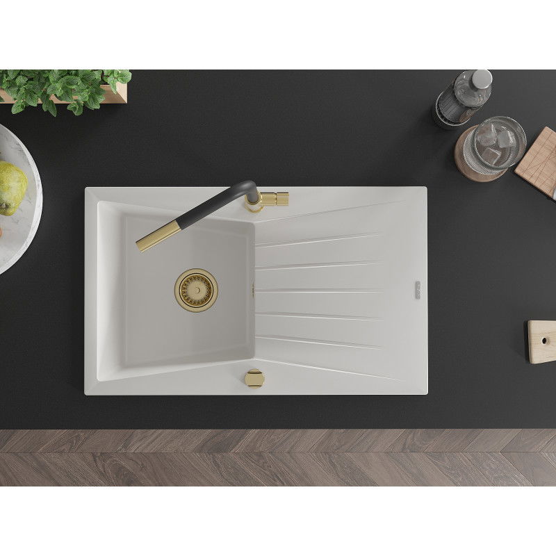Mexen Cesar 1-bowl granite sink with drainer and Flora kitchen tap, white - 6514-20-670401-57-G