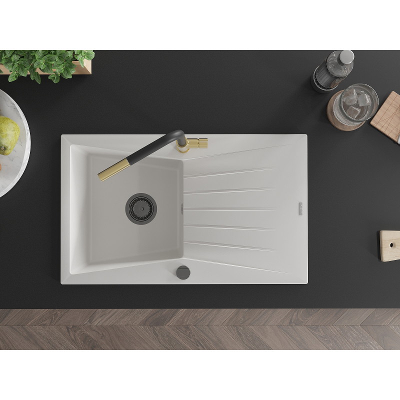 Mexen Cesar granite single-bowl kitchen sink with drainer and Flora kitchen faucet, white - 6514-20-670401-57-B