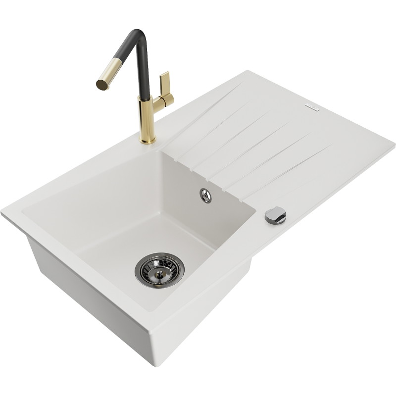 Mexen Cesar granite kitchen sink 1-bowl with drainer and Flora kitchen faucet, white - 6514-20-670401-57-B