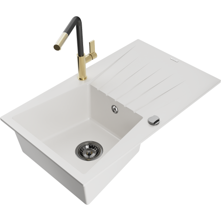 Mexen Cesar granite single-bowl kitchen sink with drainer and Flora kitchen faucet, white - 6514-20-670401-57-B