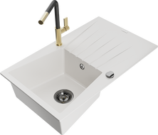 Mexen Cesar granite single-bowl kitchen sink with drainer and Flora kitchen faucet, white - 6514-20-670401-57-B
