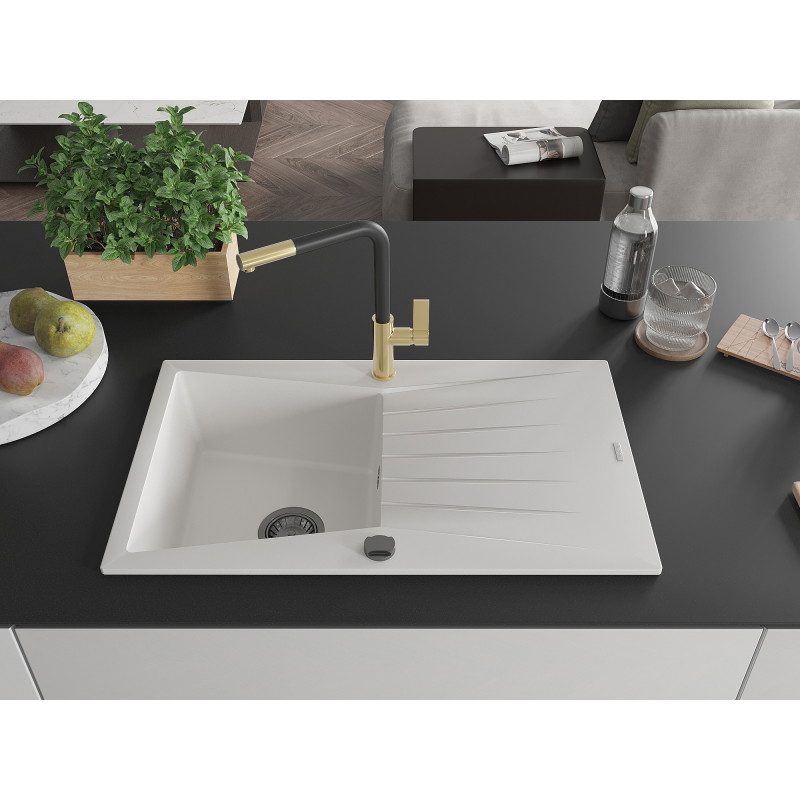 Mexen Cesar granite kitchen sink 1-bowl with drainer and Flora kitchen faucet, white - 6514-20-670401-57-B