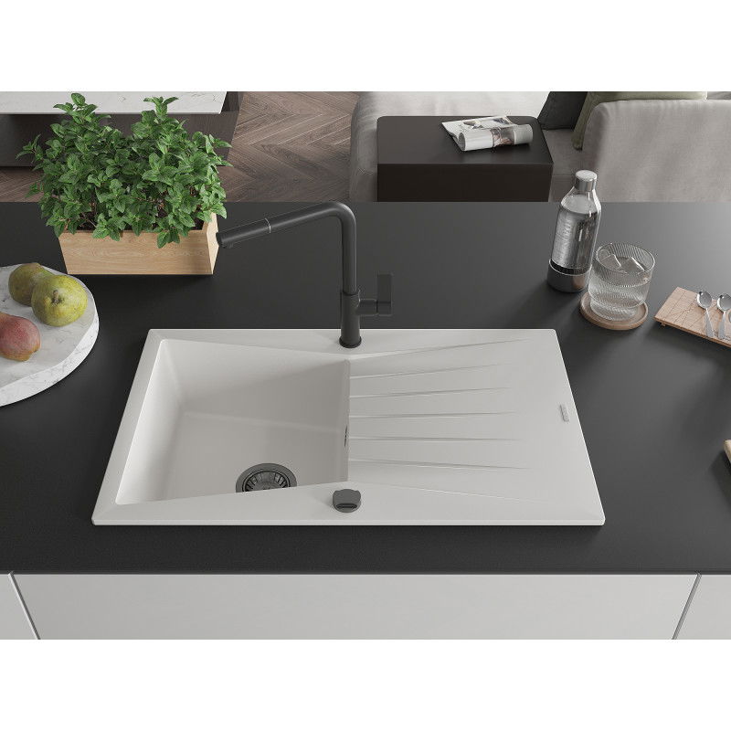 Mexen Cesar 1-Bowl Granite Sink with Drainer and Flora Kitchen Tap, White - 6514-20-670401-70-B