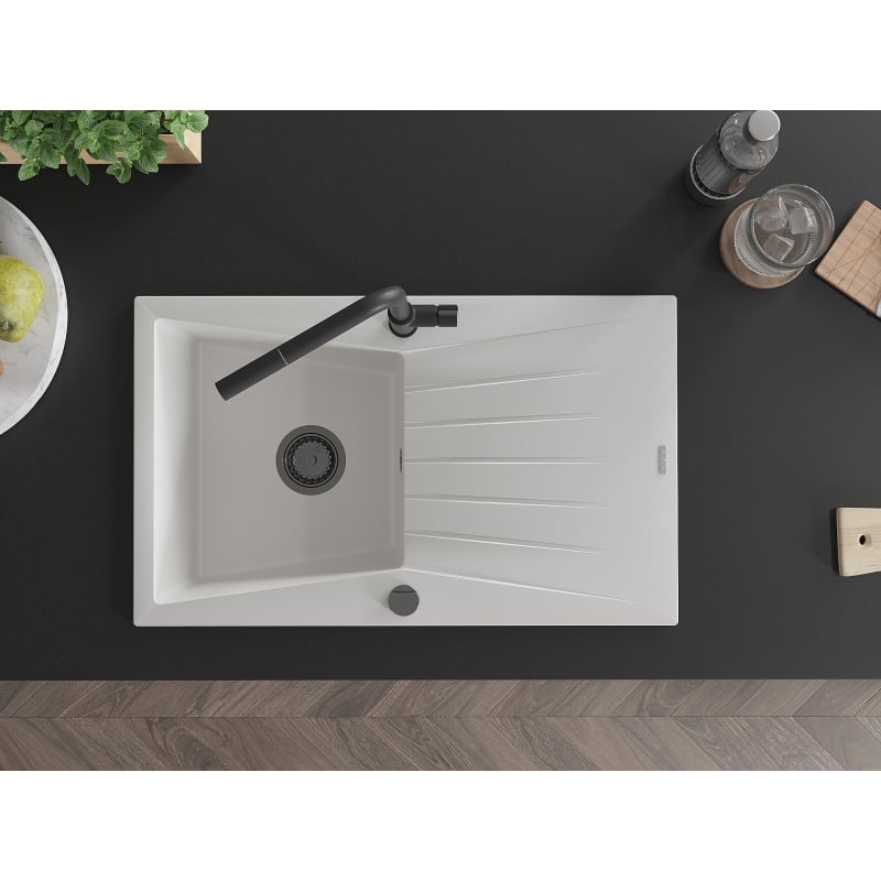 Mexen Cesar 1-Bowl Granite Kitchen Sink with Drainer and Flora Faucet, White - 6514-20-670401-70-B