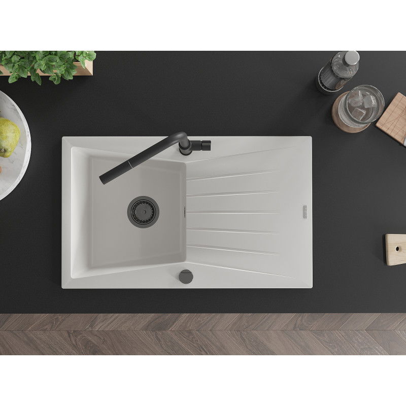 Mexen Cesar 1-Bowl Granite Sink with Drainer and Flora Kitchen Tap, White - 6514-20-670401-70-B