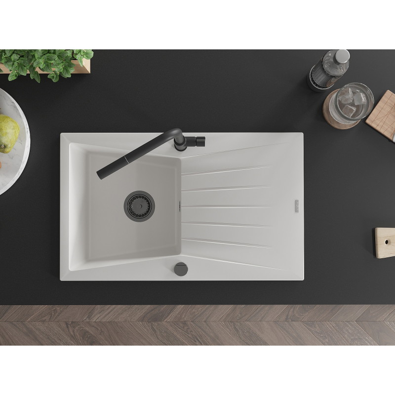 Mexen Cesar granite single-bowl sink with drainer and Flora kitchen faucet, white - 6514-20-670401-70-B