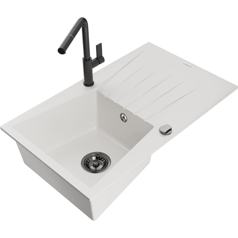 Mexen Cesar 1-Bowl Granite Kitchen Sink with Drainer and Flora Faucet, White - 6514-20-670401-70-B