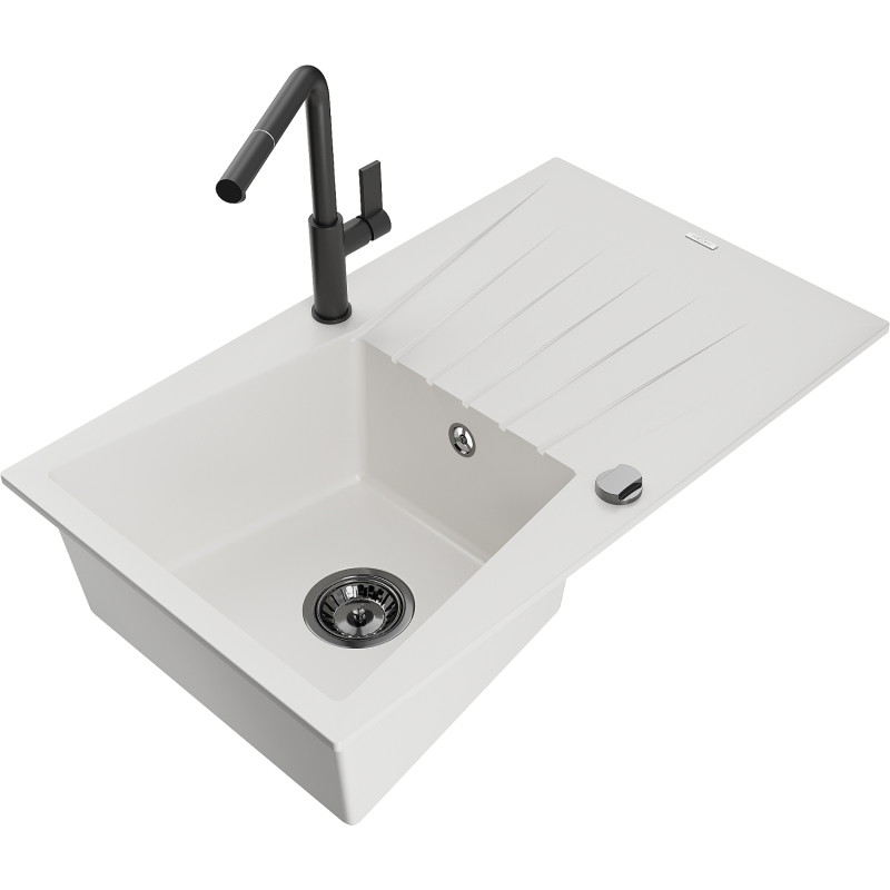 Mexen Cesar granite single-bowl sink with drainer and Flora kitchen faucet, white - 6514-20-670401-70-B