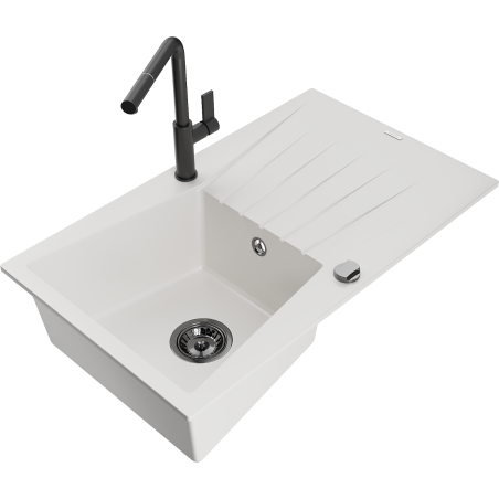 Mexen Cesar 1-Bowl Granite Kitchen Sink with Drainer and Flora Faucet, White - 6514-20-670401-70-B