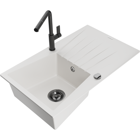 Mexen Cesar granite single-bowl sink with drainer and Flora kitchen faucet, white - 6514-20-670401-70-B