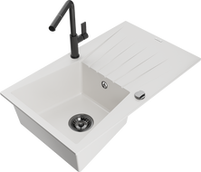 Mexen Cesar granite single-bowl sink with drainer and Flora kitchen faucet, white - 6514-20-670401-70-B