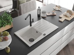 Mexen Cesar 1-compartment granite sink with a drip tray and kitchen mixer tap Flora, White - 6514-20-670401-70-B