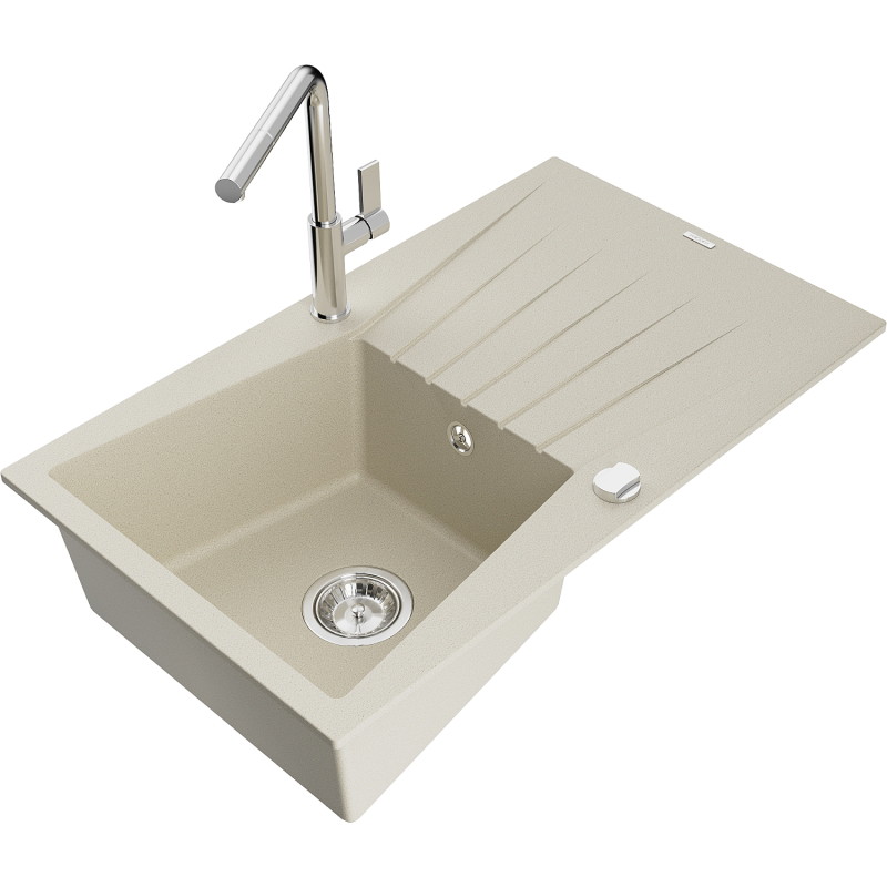 Mexen Cesar granite sink 1-bowl with drainer and kitchen faucet Flora, beige - 6514-69-670401-00