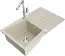 Mexen Cesar 1-compartment granite sink with a drip tray and kitchen mixer tap Flora, Beige - 6514-69-670401-00