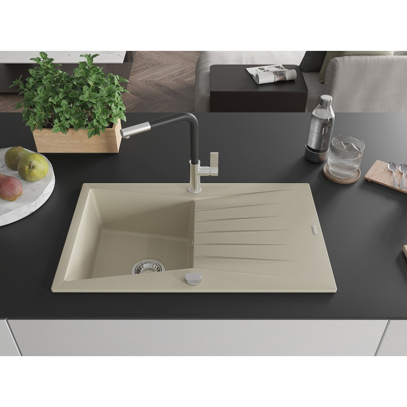 Mexen Cesar granite sink 1-bowl with drainer and Flora kitchen faucet, beige - 6514-69-670401-07