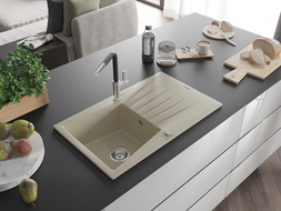 Mexen Cesar 1-compartment granite sink with a drip tray and kitchen mixer tap Flora, Beige - 6514-69-670401-07
