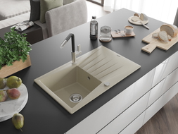 Mexen Cesar granite single-bowl sink with drainer and Flora kitchen faucet, beige - 6514-69-670401-07