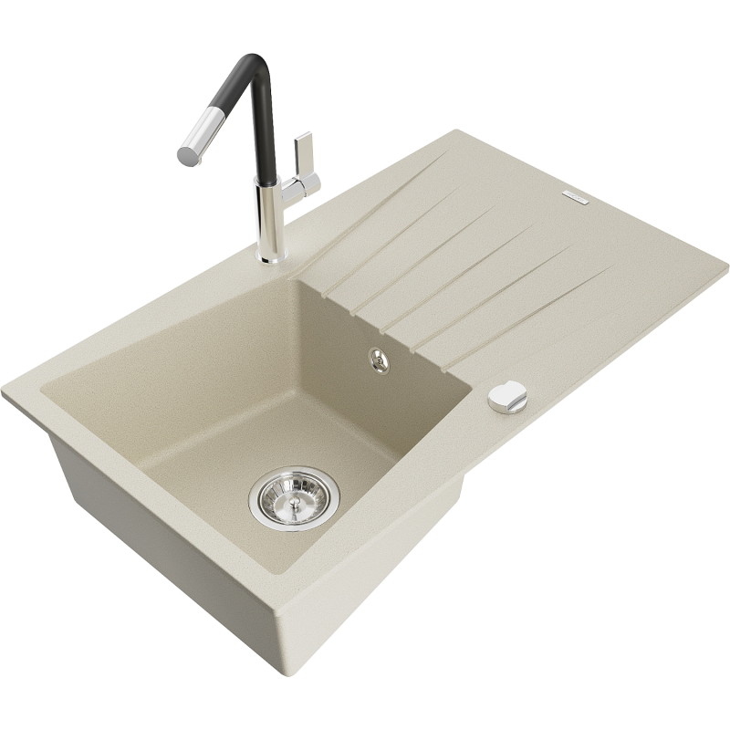 Mexen Cesar granite single-bowl sink with drainer and Flora kitchen faucet, beige - 6514-69-670401-07
