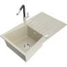 Mexen Cesar granite single-bowl sink with drainer and Flora kitchen faucet, beige - 6514-69-670401-07