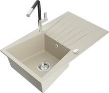 Mexen Cesar granite single-bowl sink with drainer and Flora kitchen faucet, beige - 6514-69-670401-07