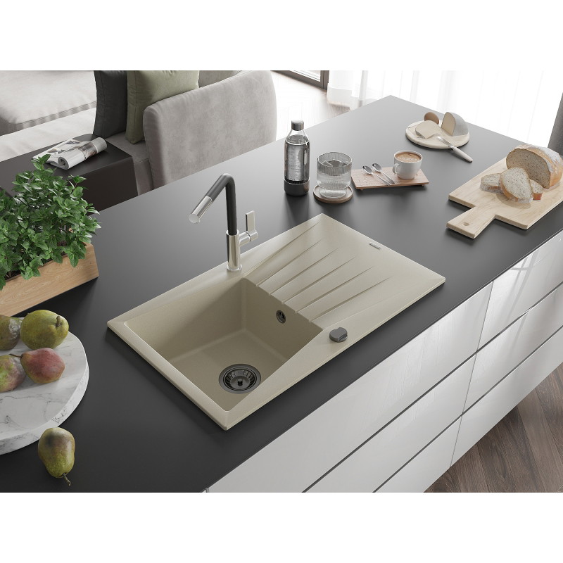 Mexen Cesar granite kitchen sink with 1 bowl with drainer and Flora kitchen faucet, beige - 6514-69-670401-07-B