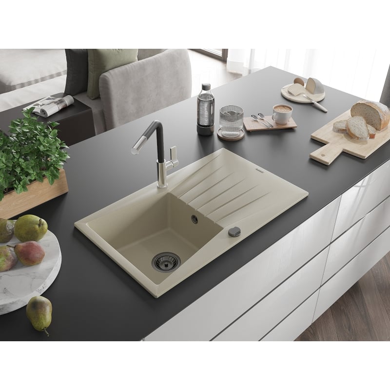 Mexen Cesar granite sink single-bowl with drainer and Flora kitchen faucet, beige - 6514-69-670401-07-B