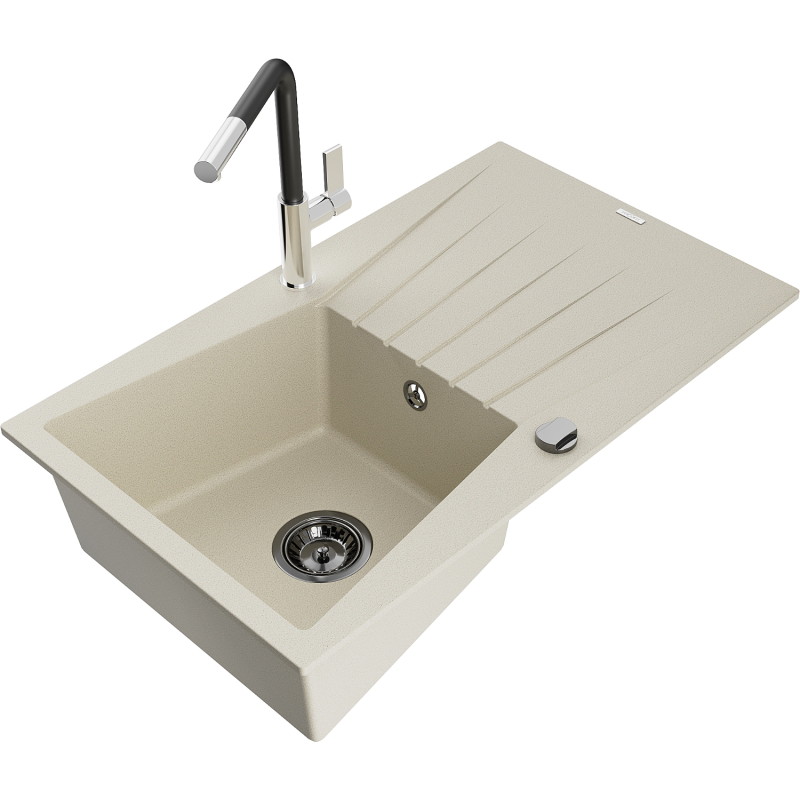 Mexen Cesar granite sink single-bowl with drainer and Flora kitchen faucet, beige - 6514-69-670401-07-B