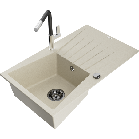 Mexen Cesar 1-bowl Granite Sink with Drainer and Flora Kitchen Tap, Beige - 6514-69-670401-07-B