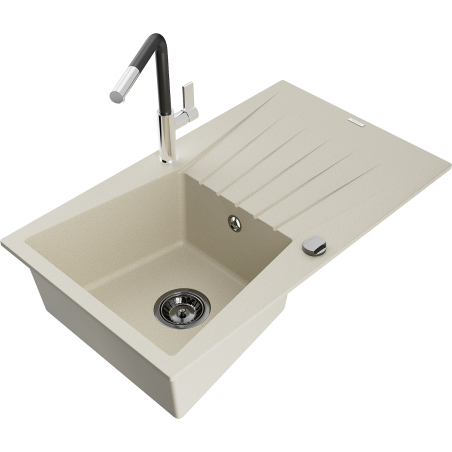 Mexen Cesar granite kitchen sink with 1 bowl with drainer and Flora kitchen faucet, beige - 6514-69-670401-07-B