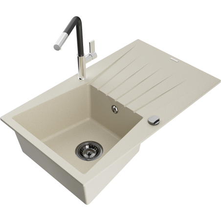 Mexen Cesar granite sink single-bowl with drainer and Flora kitchen faucet, beige - 6514-69-670401-07-B